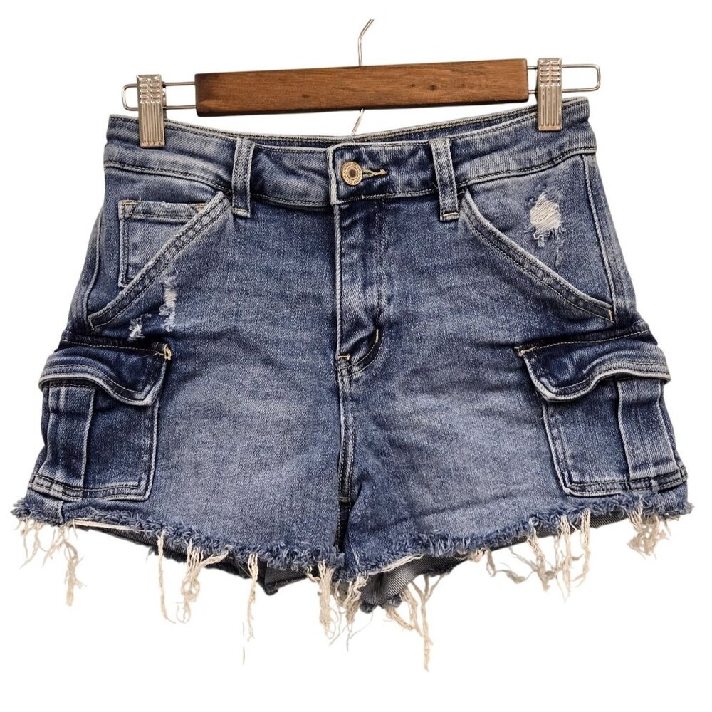 Vervet Women's S Denim Distressed High-Waisted Frayed Hem‎ Cargo Pocket Shorts